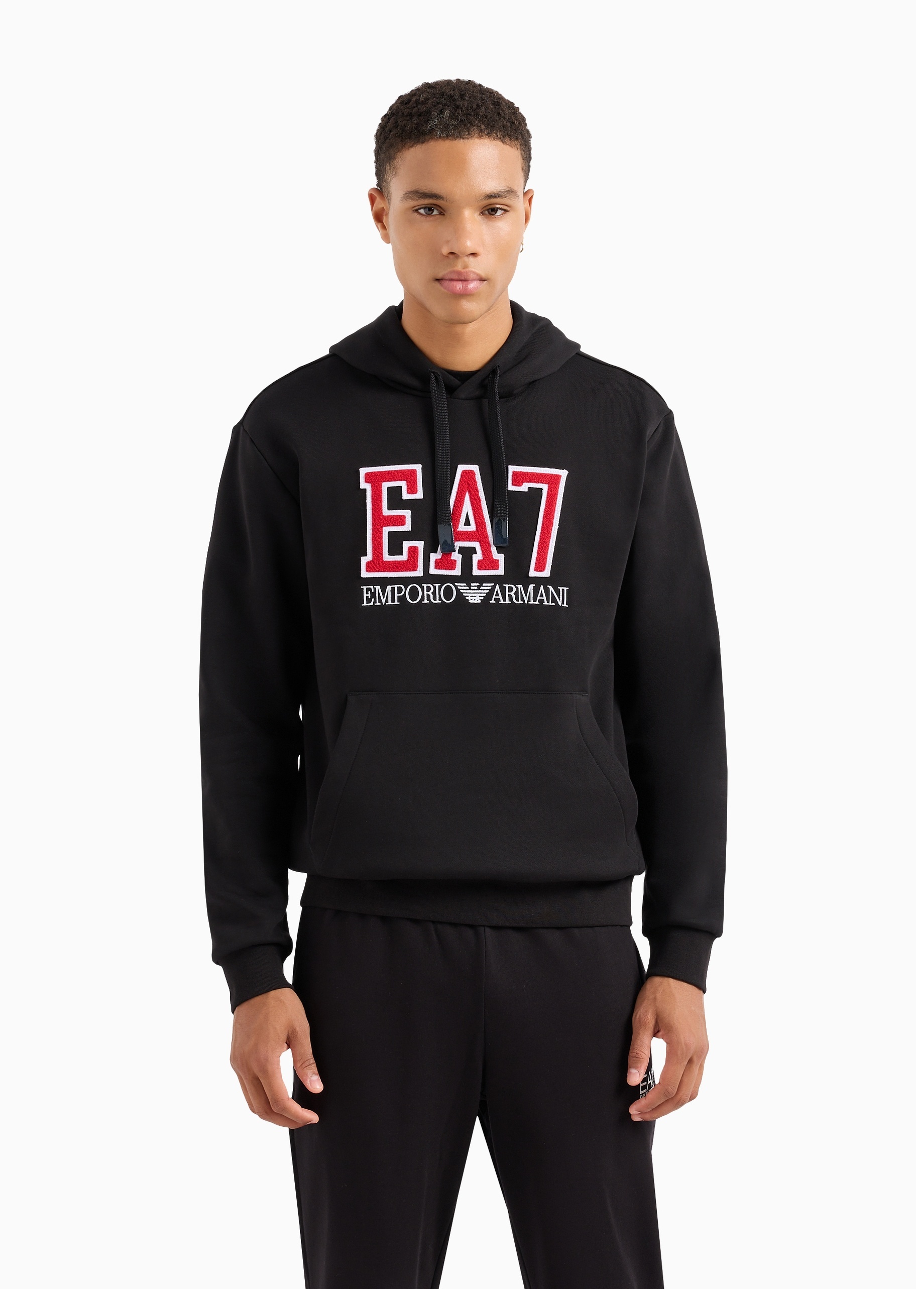 Ea7 Logo-print Cotton-blend Hoodie In Black