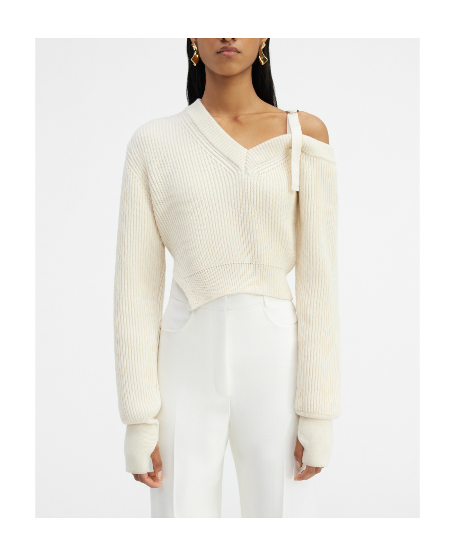 Jacquemus La Maille Seville One-shoulder Sweater In Off White Merino Wool In White