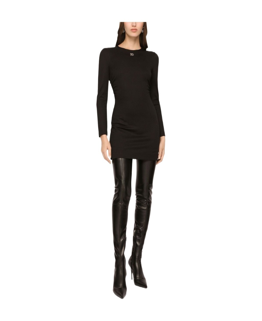 Dolce & Gabbana Short Milano Rib Dress With Dg Logo In Black
