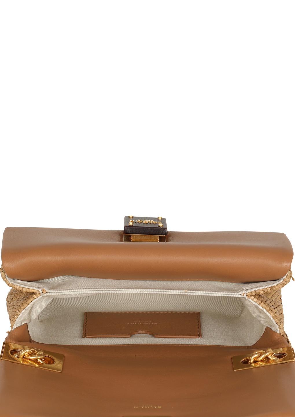 Shop Balmain 1945 Soft Small Bag In Leather And Raffia In Nude