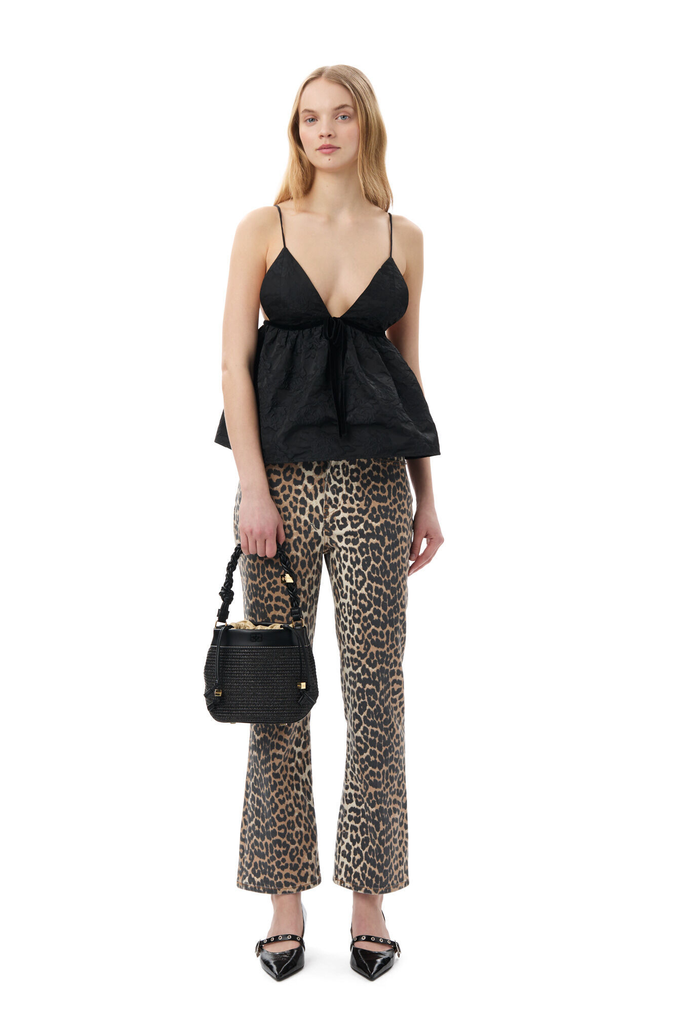 Ganni Betzy Leopard Cropped Jeans In Black