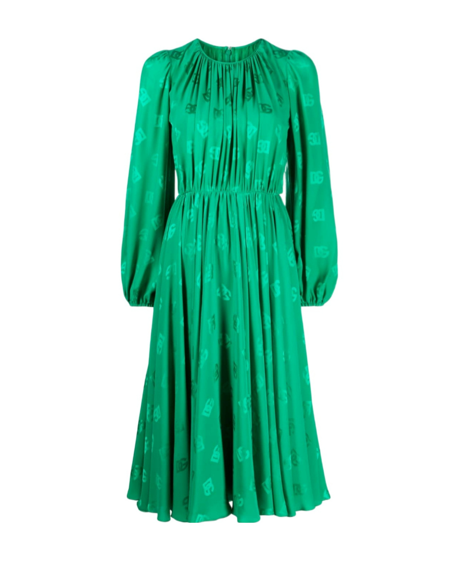Dolce & Gabbana Logo-print Flared Silk Midi Dress In Green