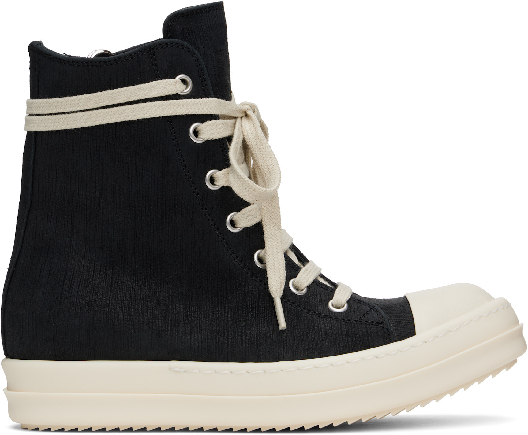 Rick Owens Black High Top Sneakers With Oversized Laces In Leather In Black