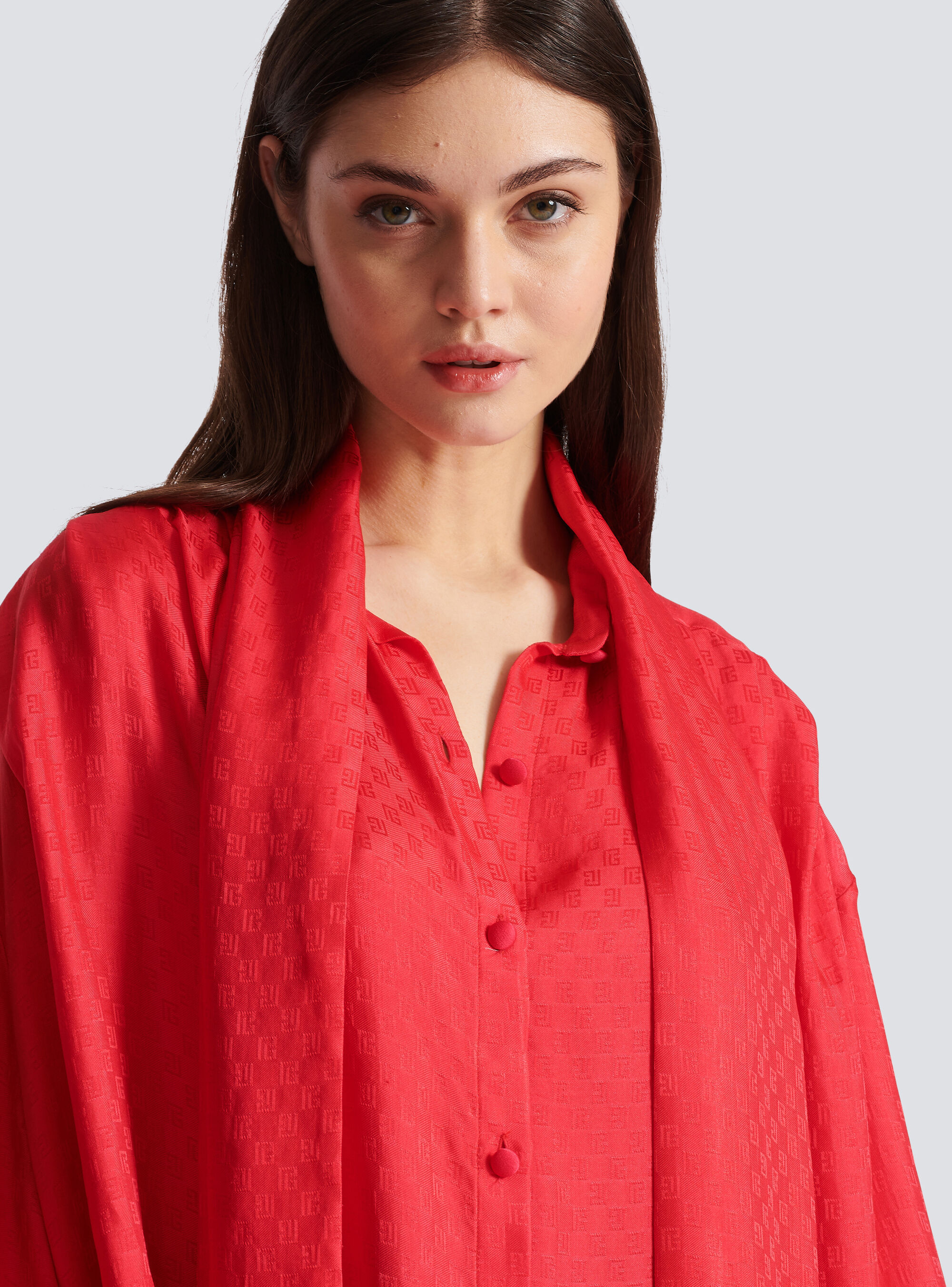 Balmain Monogram-jacquard Silk Shirt In Red
