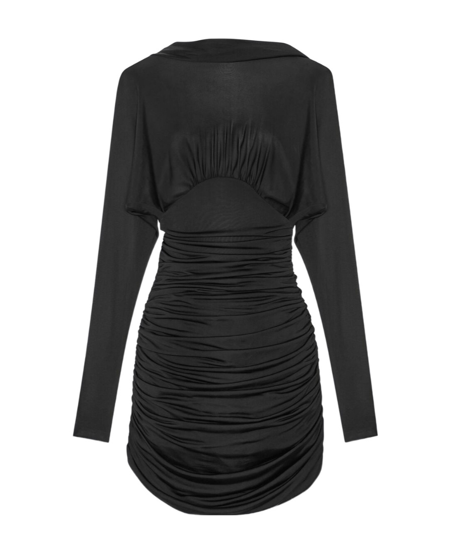 Saint Laurent Ruched Curved-hem Long-sleeve Dress In Black