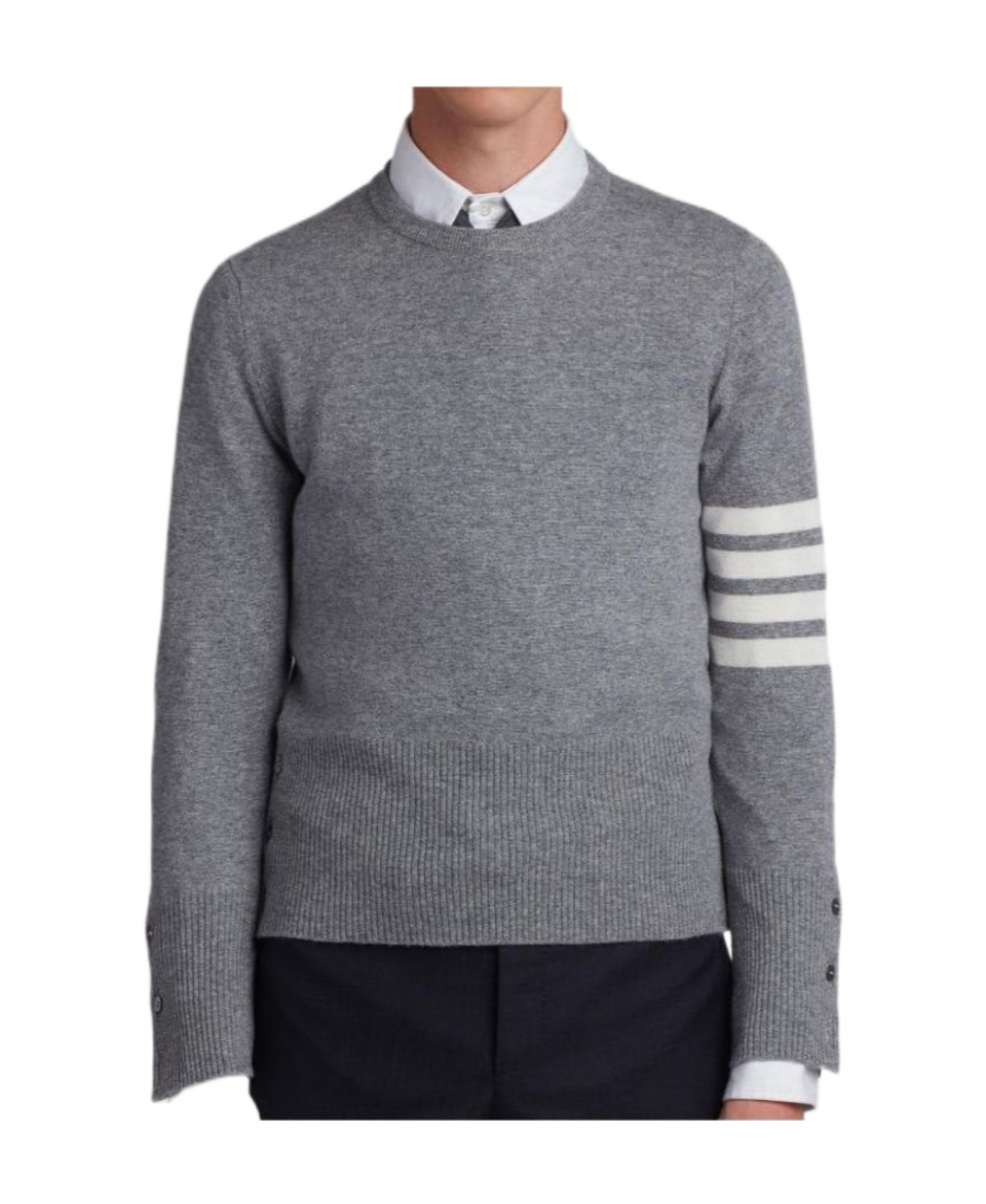 Thom Browne Crewneck Sweater With Ribbed Cuffs And Hem In Gray