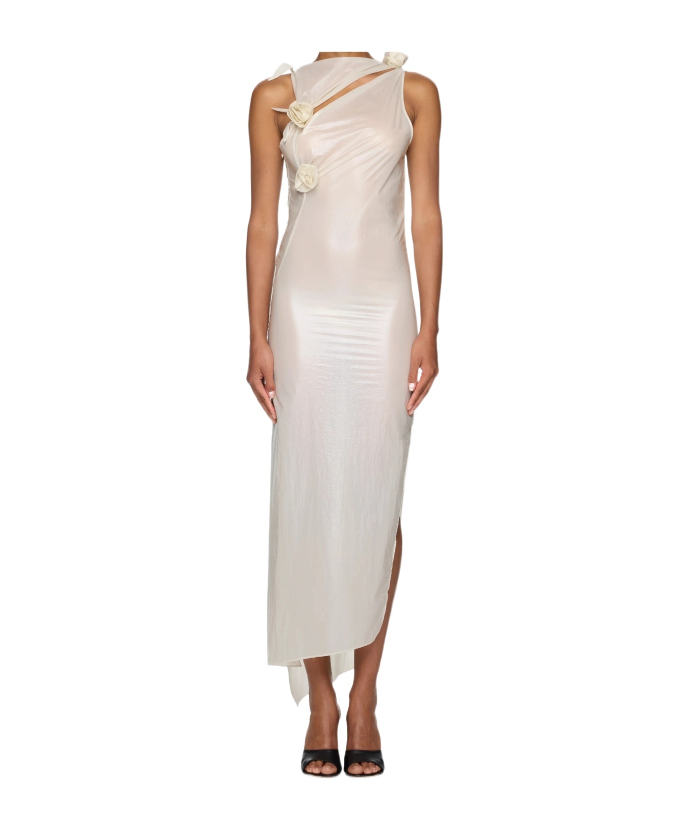 Coperni Rosette Cutout Asymmetric Stretch Jersey Gown In Beige