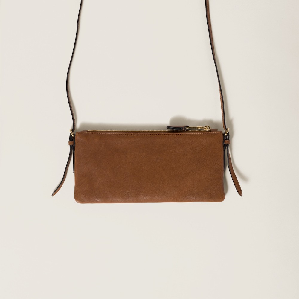 Miu Miu Mini Logo Embossed Leather Shoulder Bag In Brown
