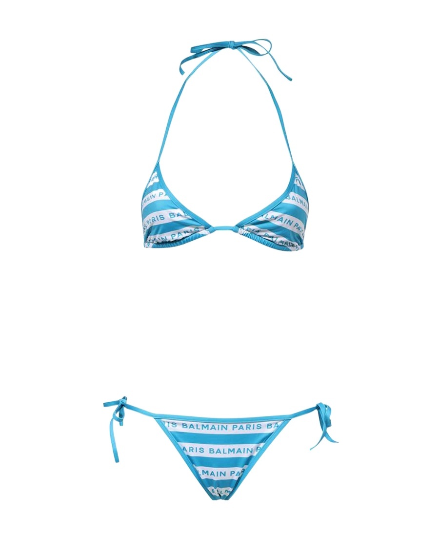 Balmain Striped Logo-print Halterneck Bikini In Blue