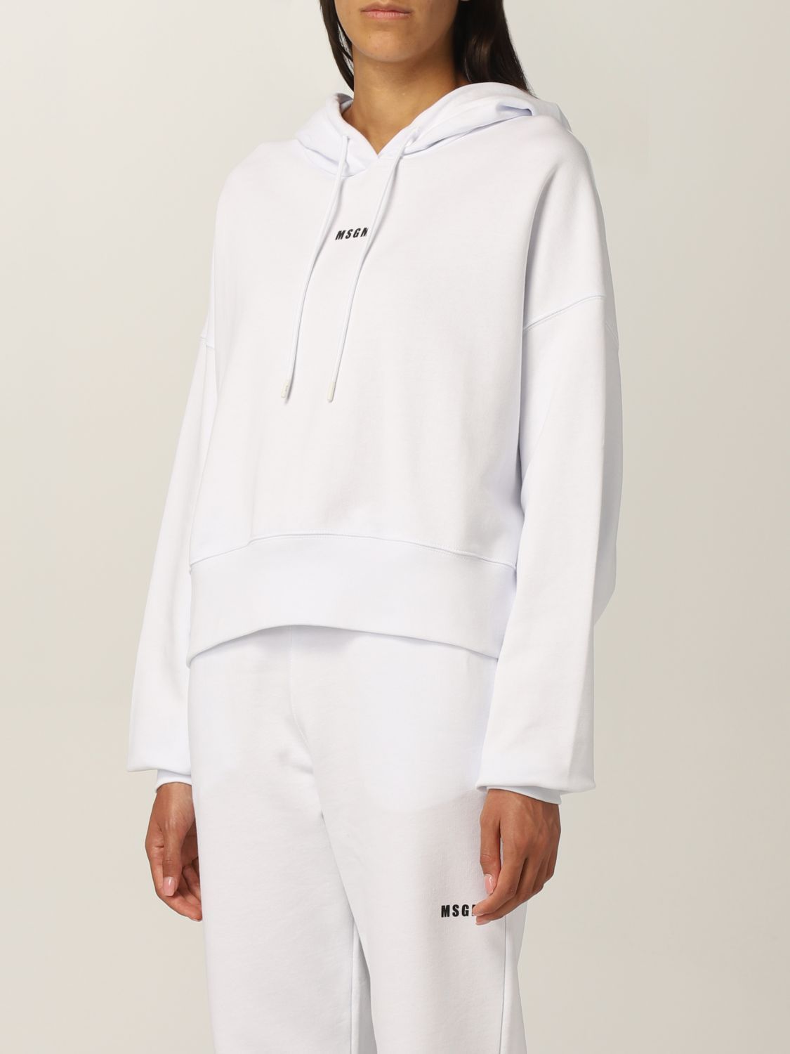 Msgm Logo Hooded Sweatshirt Long Sleeves In White
