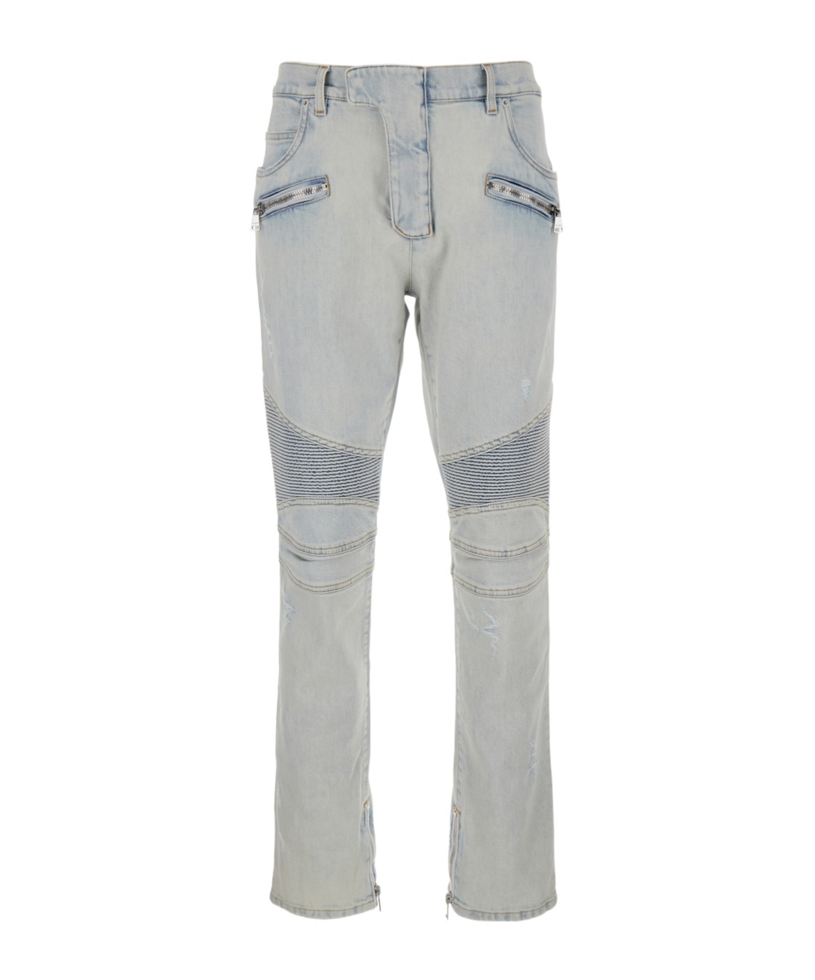 Balmain Light Blue Skinny Jeans With Logo Patch And Ribbed Knees In Gray