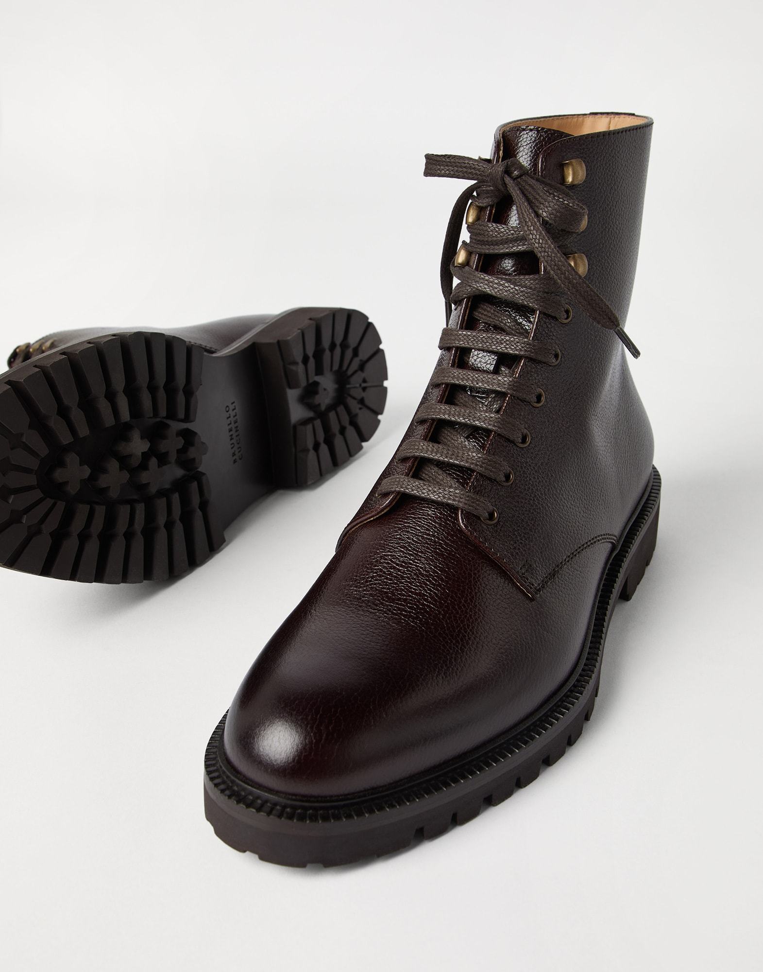 Brunello Cucinelli Leather Combat Boots In Brown