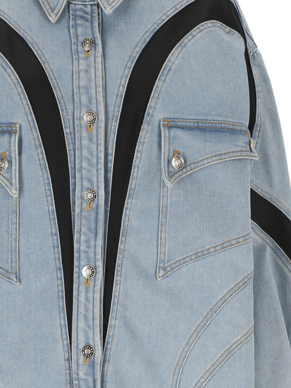 Mugler Long-sleeved Spliced Denim Coat In Gray