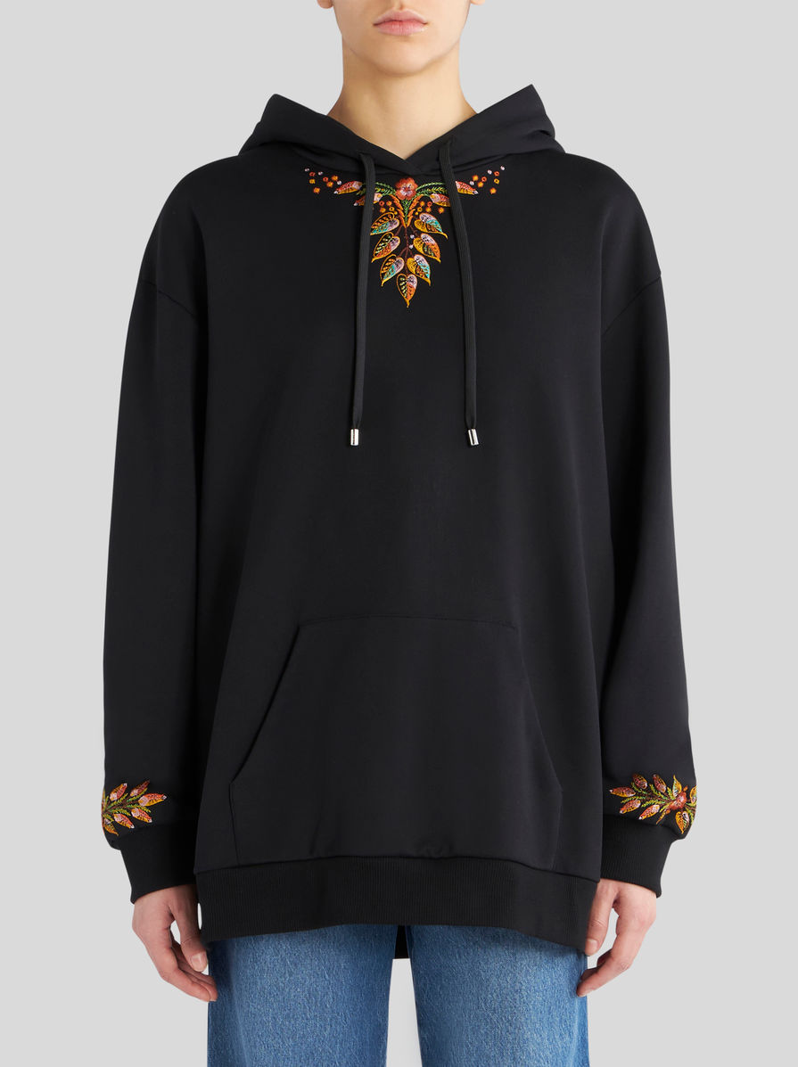 Etro Hooded Sweatshirt With Foliage Embroidery In Black