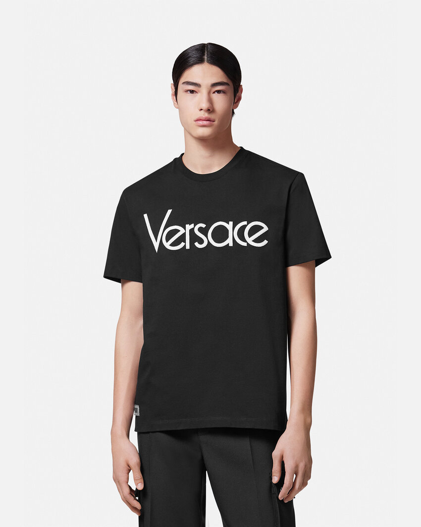 Versace Logo-embroidered Crewneck T-shirt In Black