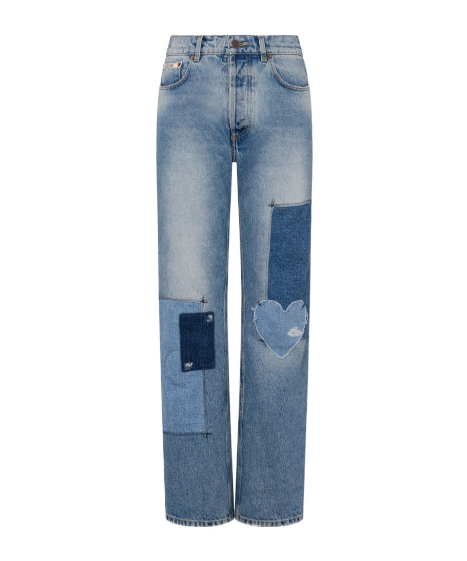 Moschino Straight Patchwork Trousers Heart Patch In Blue