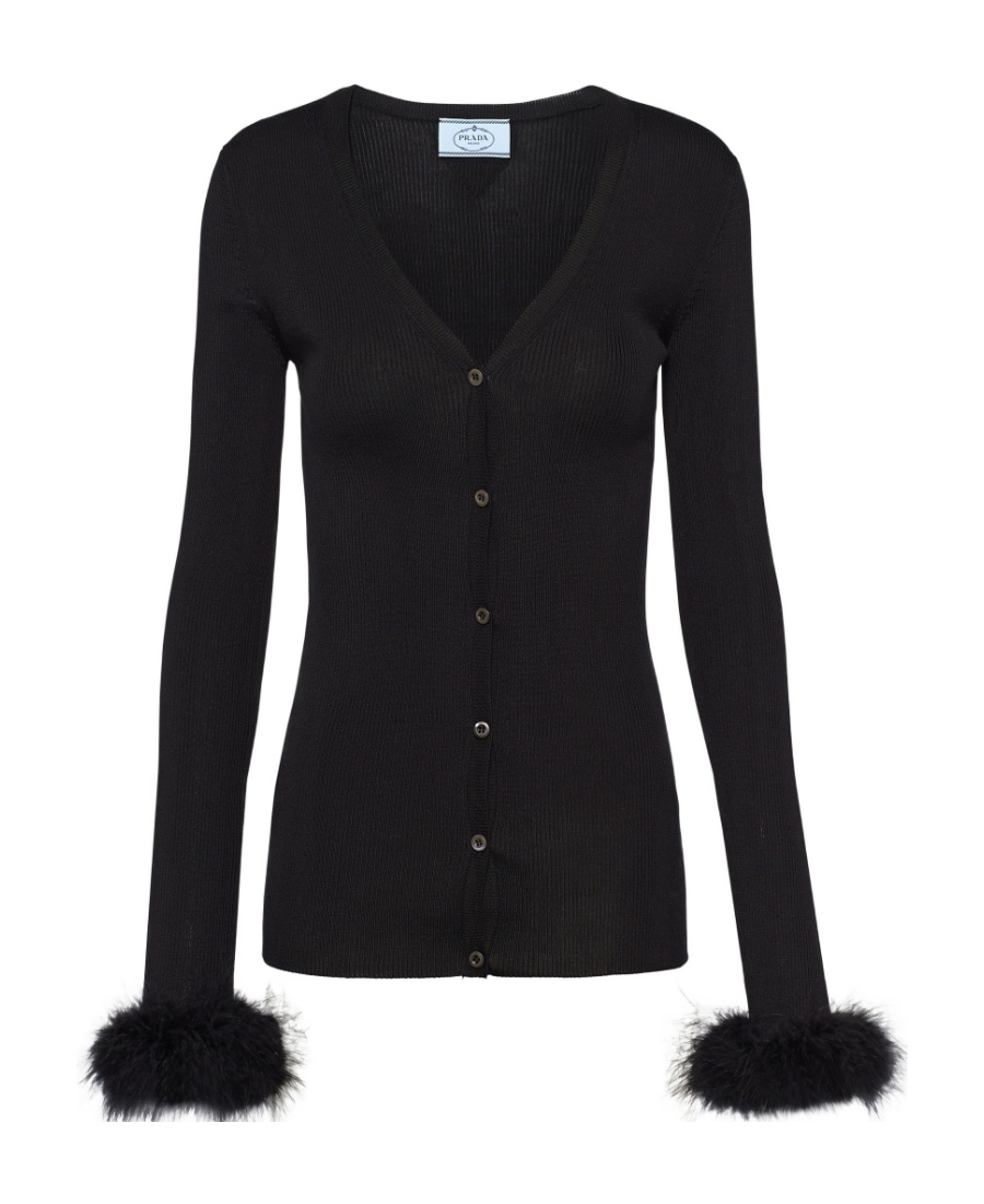 Prada Ribbed Feather-cuff Silk Cardigan In Black