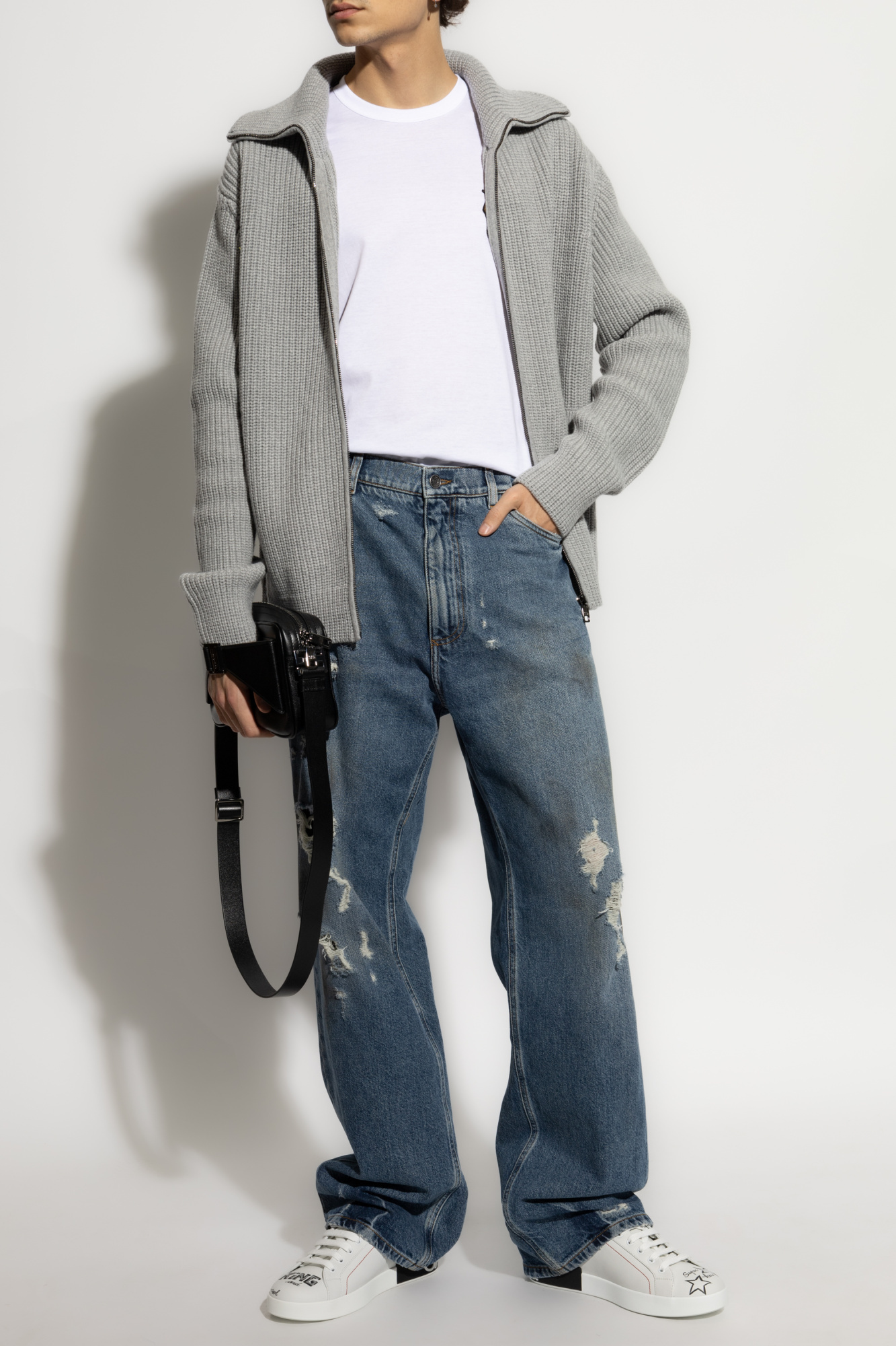 Dolce & Gabbana Lapel Long-sleeved Sweater In Gray