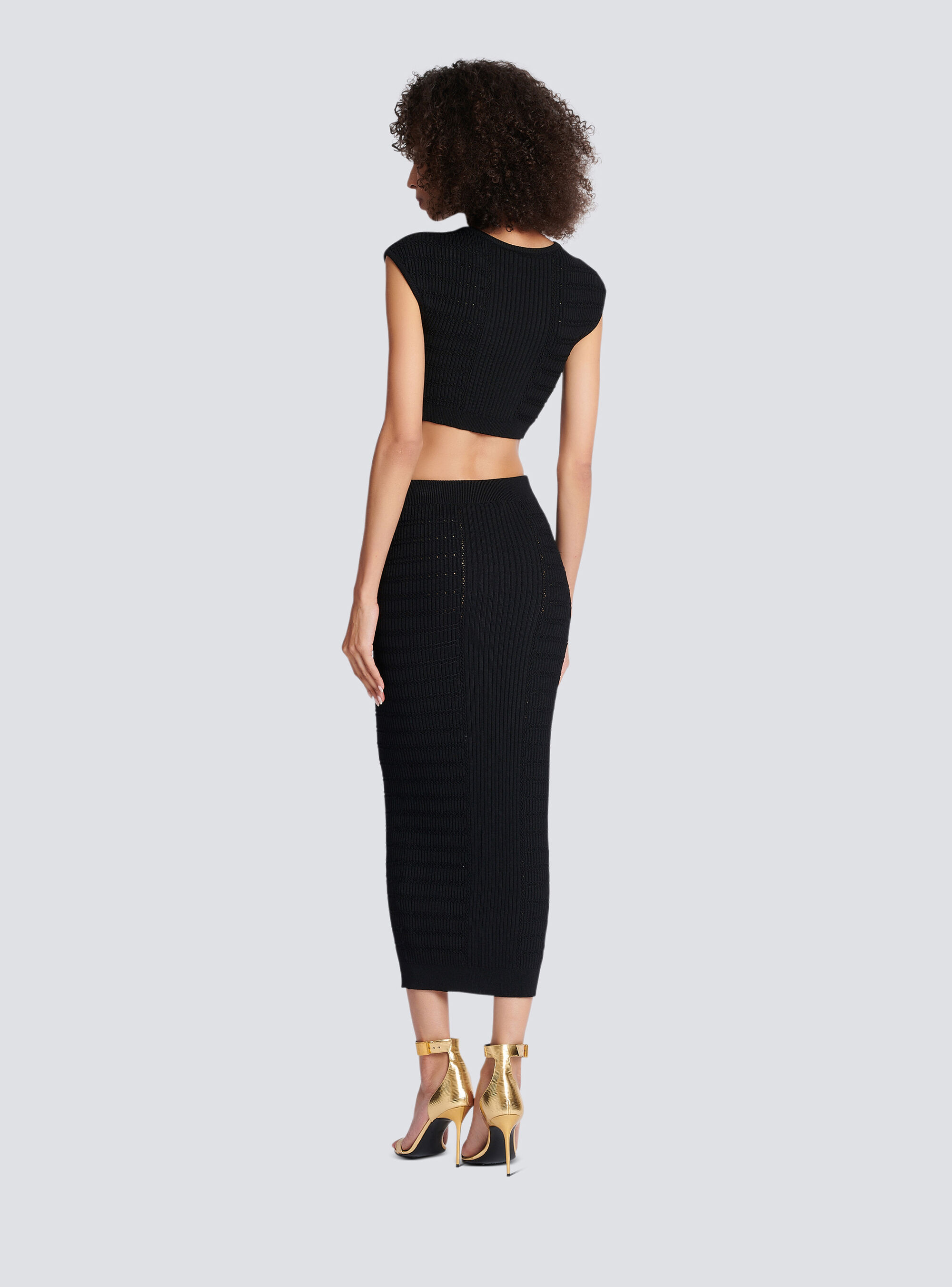 Balmain Black Plain Ribbed Knit Midi Skirt In Black
