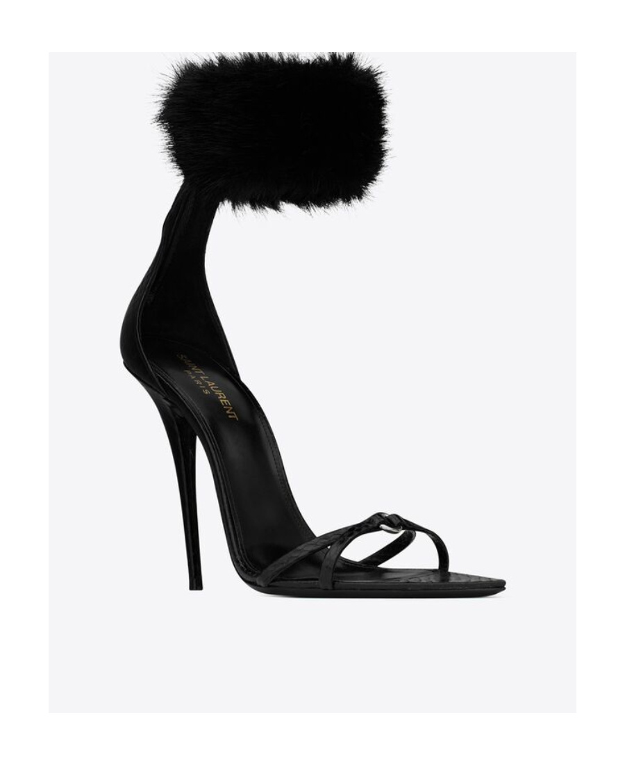 Saint Laurent Gippy Croc-embossed Leather Fur-strap Sandals
