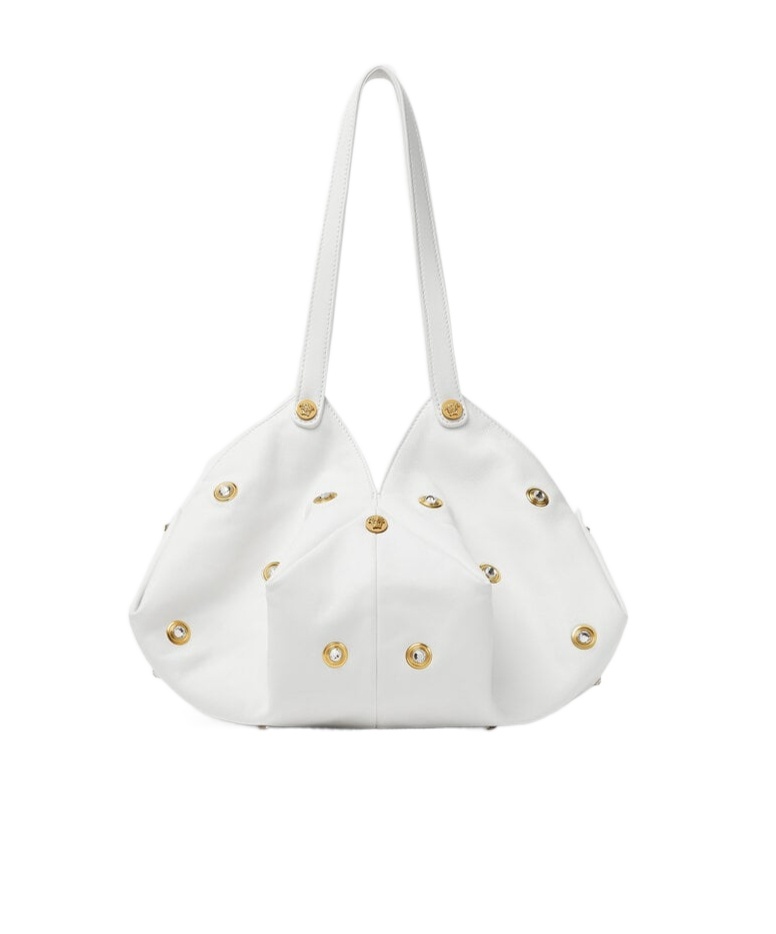 Versace Protea Crystal Stud Leather Shoulder Bag In White