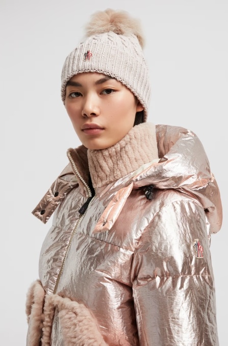Moncler Wool Cashmere Beanie With A Shearling Pom In Nude