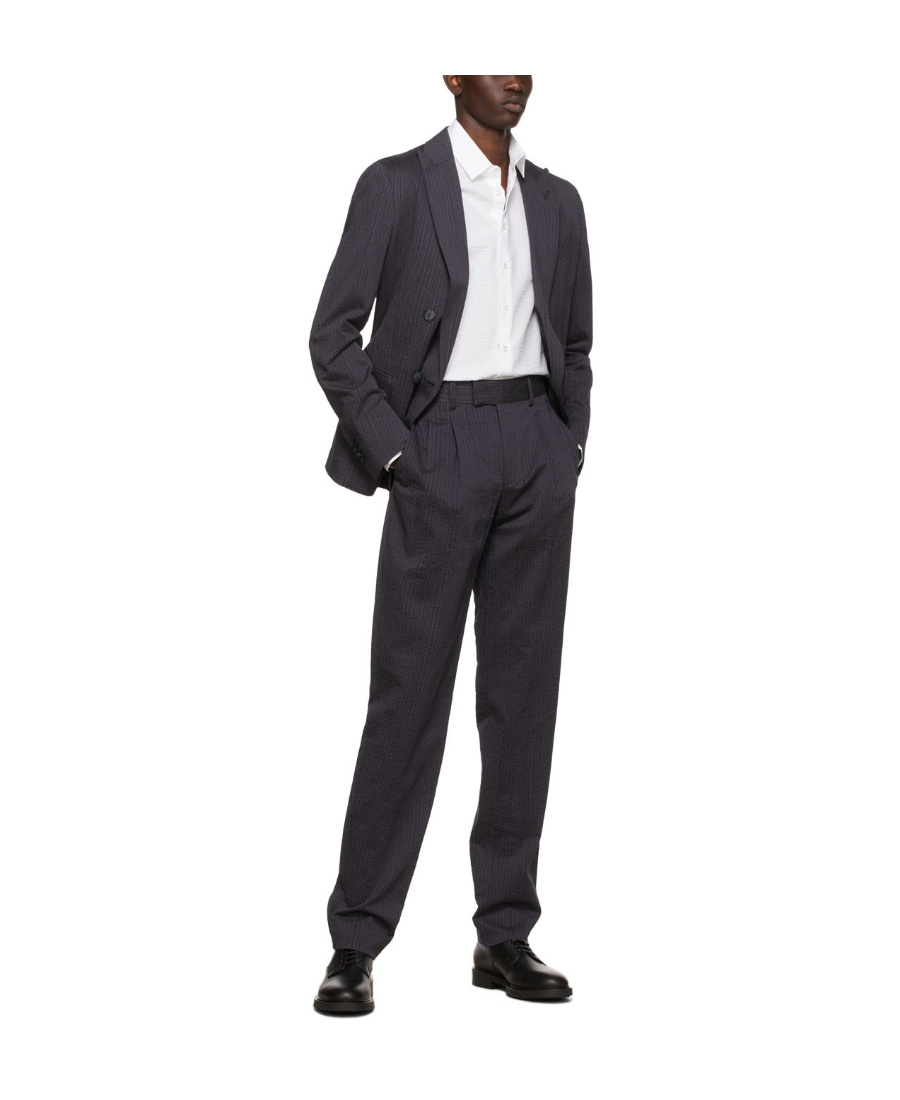 Giorgio Armani Navy Blue Logo Double-breasted Suit Jacket In Black