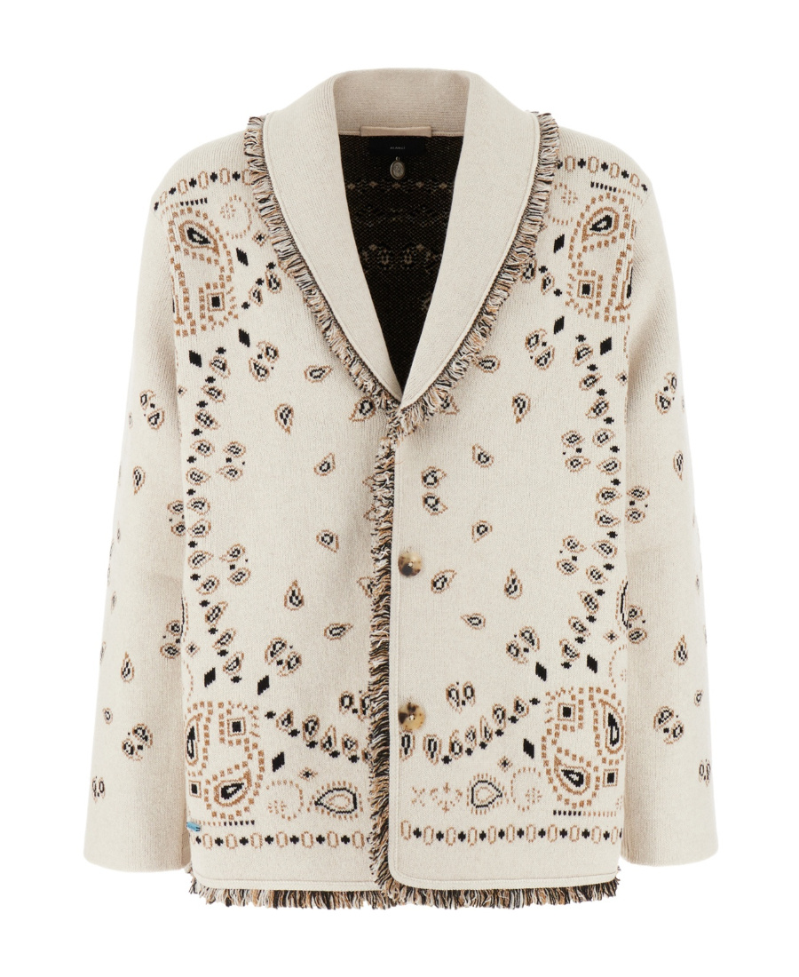 Alanui Shawl-collar Fringed Bandana-jacquard Cashmere Cardigan In White