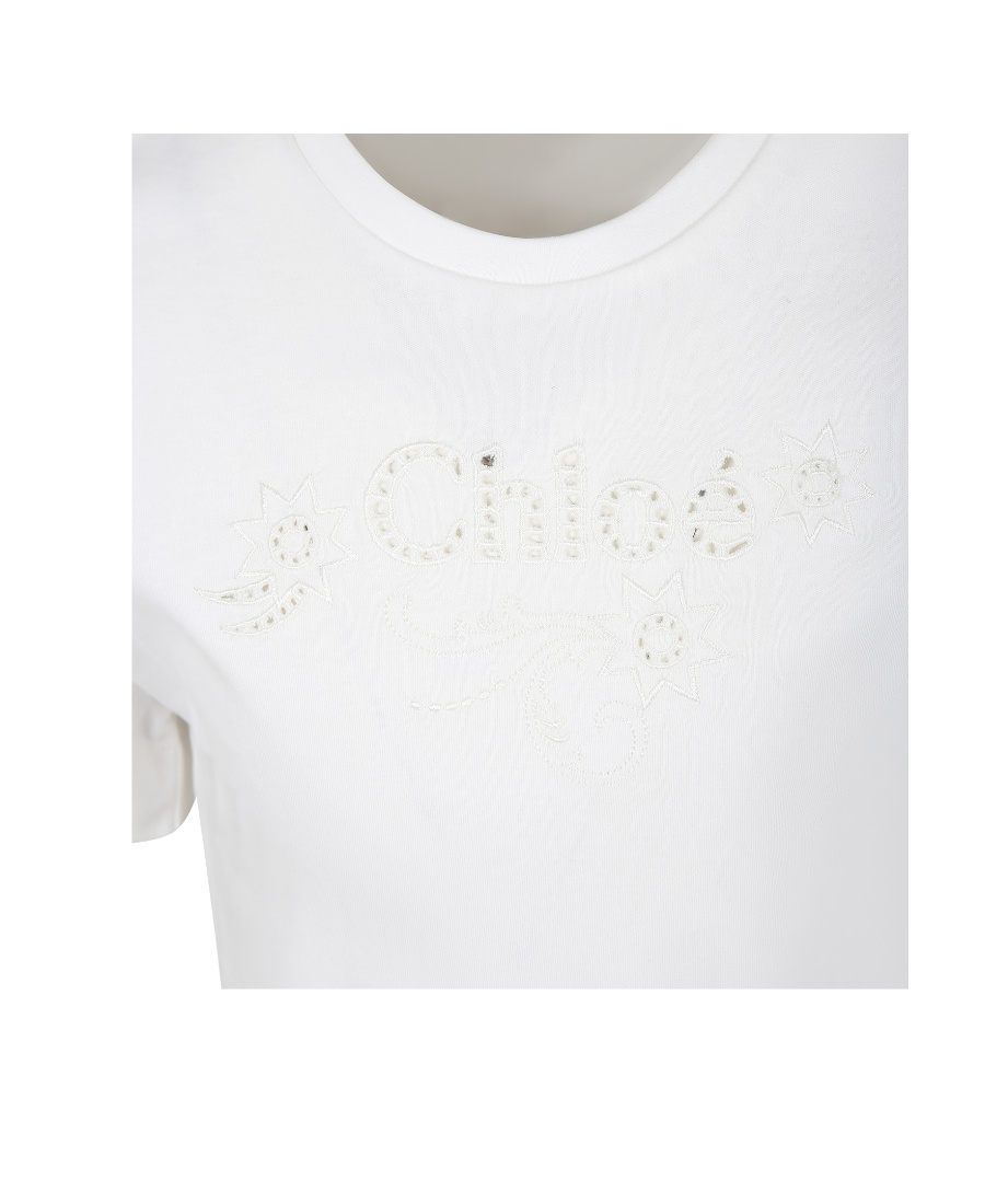 Chloé Kids Logo-embroidered Eyelet Crewneck T-shirt In White