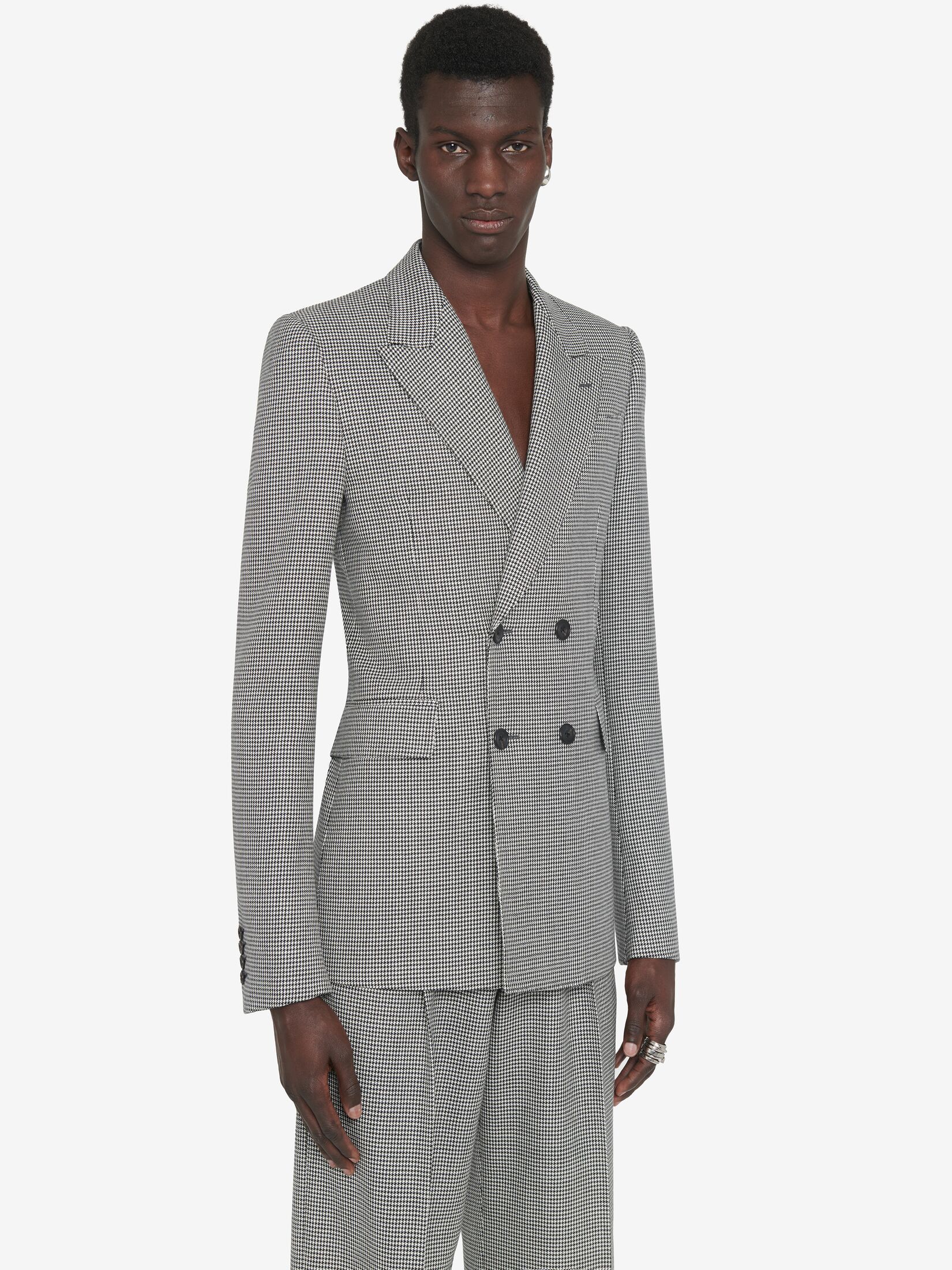 Alexander Mcqueen Houndstooth-print Double-breasted Blazer In Gray