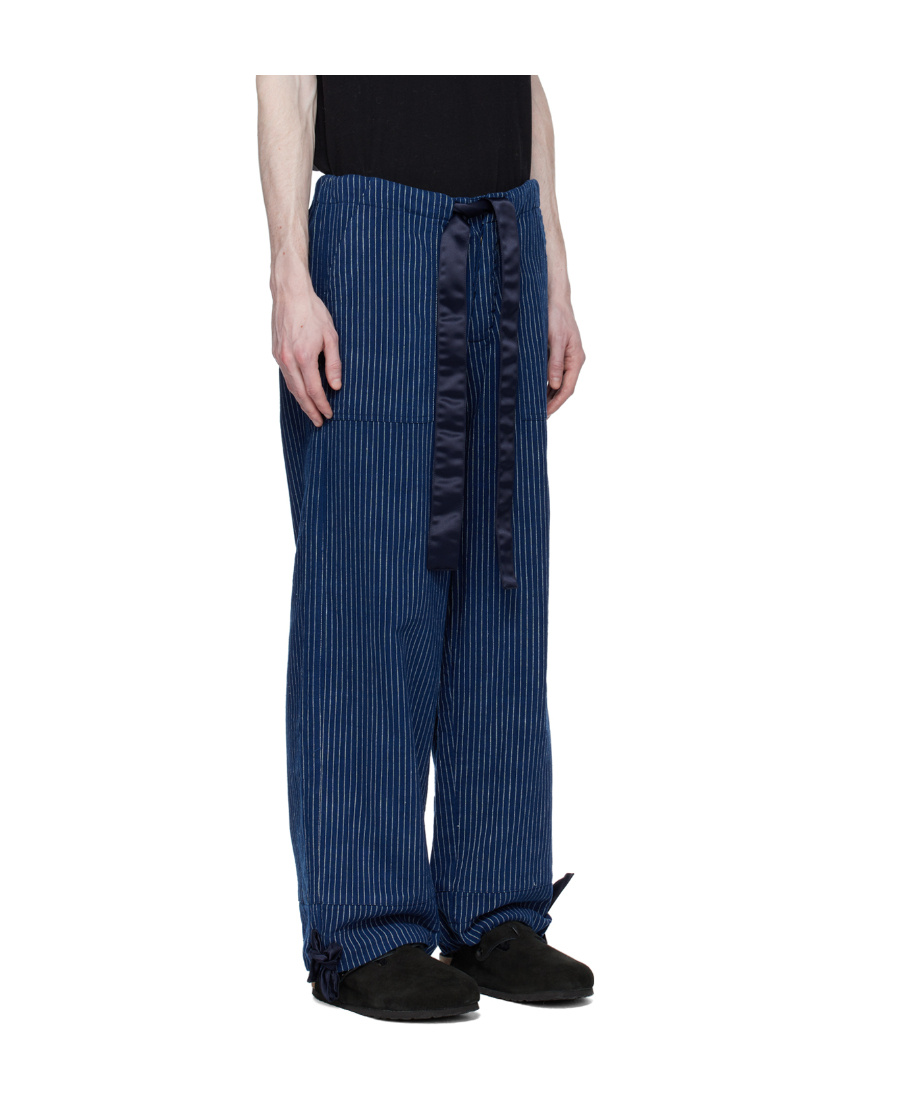 Greg Lauren Striped Drawstring Straight Trousers In Blue