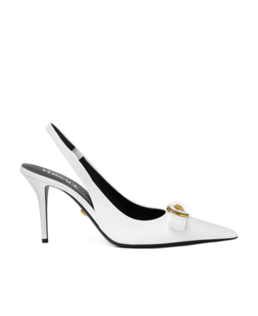 Versace Gianni Ribbon Mid Slingback Pumps In White