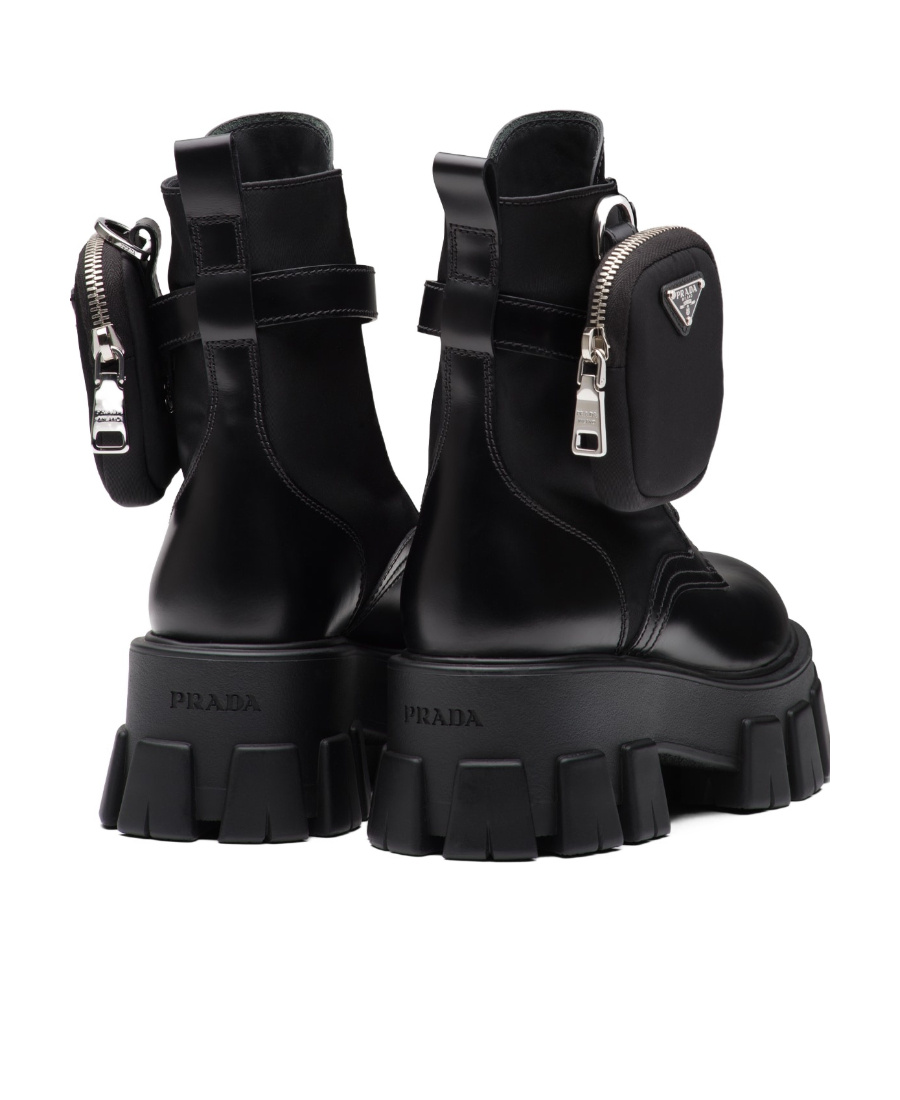 PRADA MONOLITH LEATHER AND NYLON FABRIC BOOTS 
