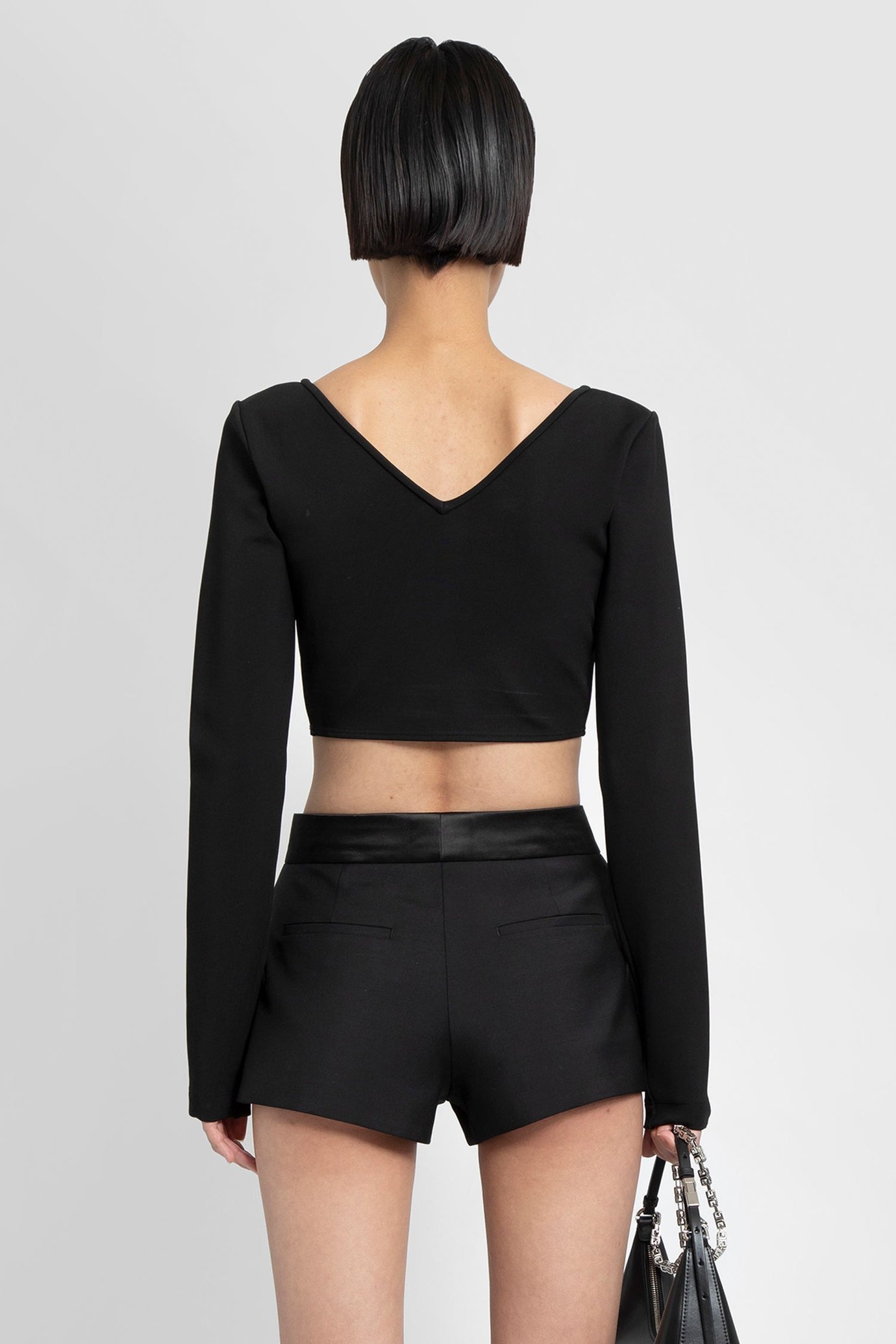 Givenchy Long Sleeves Cropped V Neck Top In Black