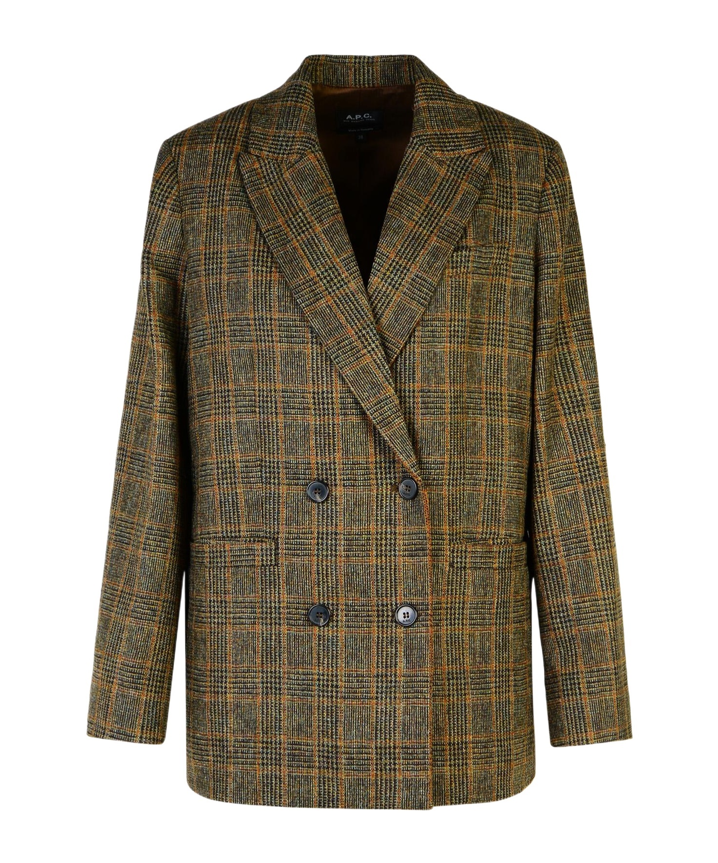 Apc Checked Wool Double-breasted Blazer In Green