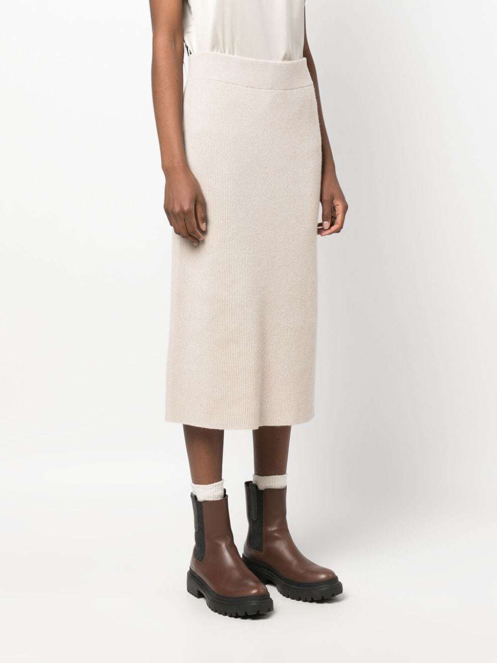 Brunello Cucinelli Ribbed-knit Midi Skirt In Nude