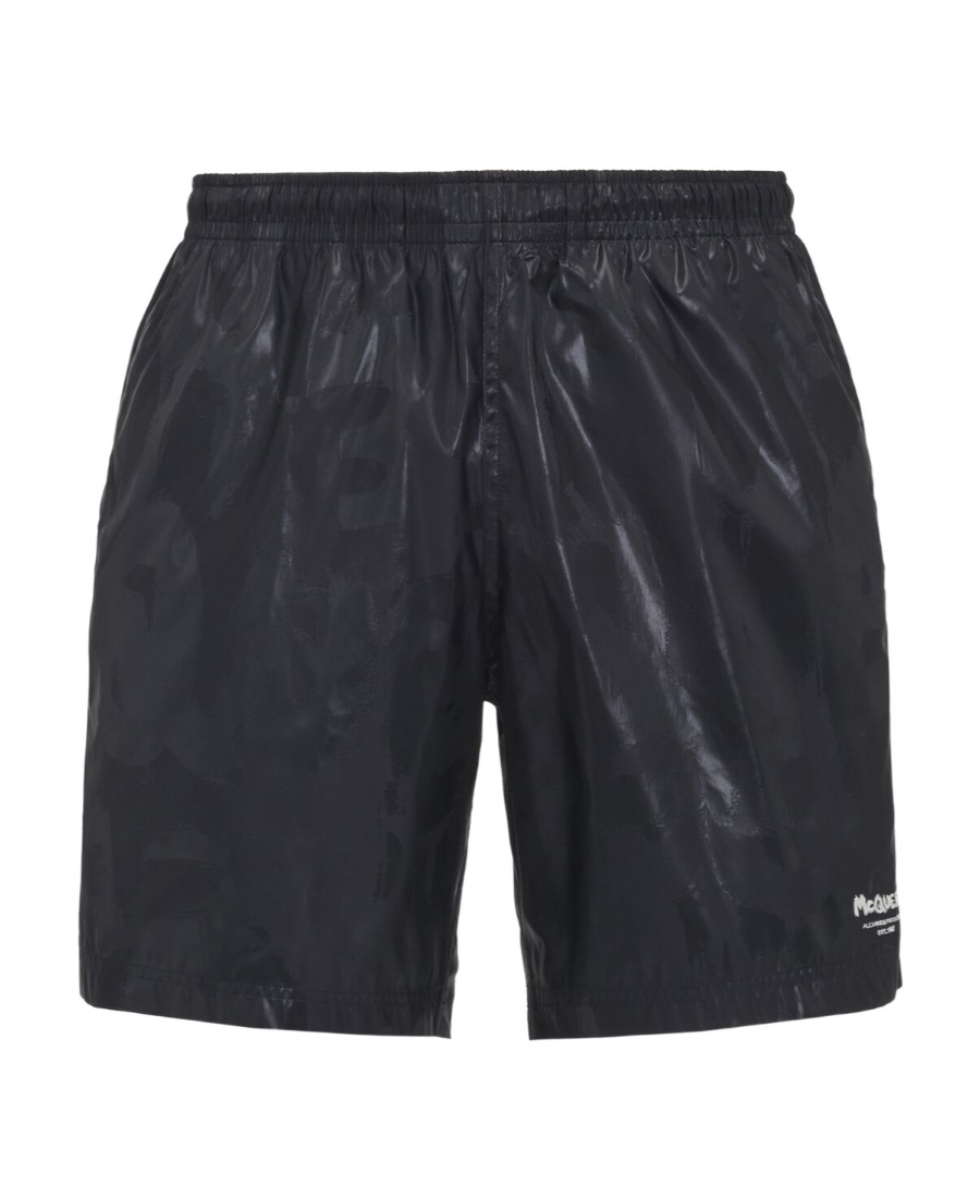 Alexander Mcqueen Solid Color Swim Shorts With Graffiti Print In Black