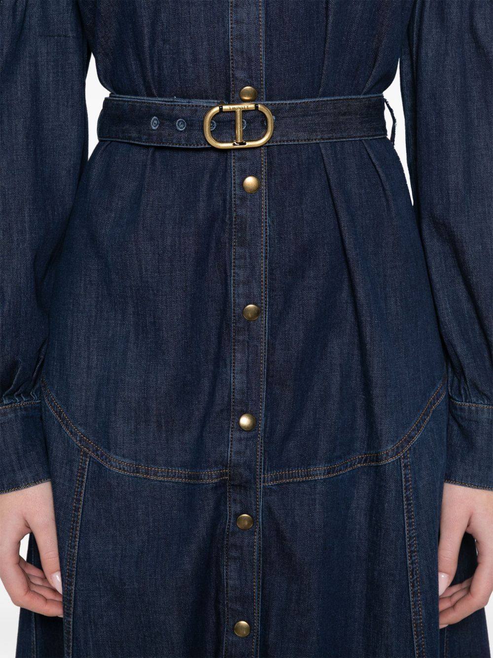 Twinset Denim Midi Dress In Blue With Belted Waist