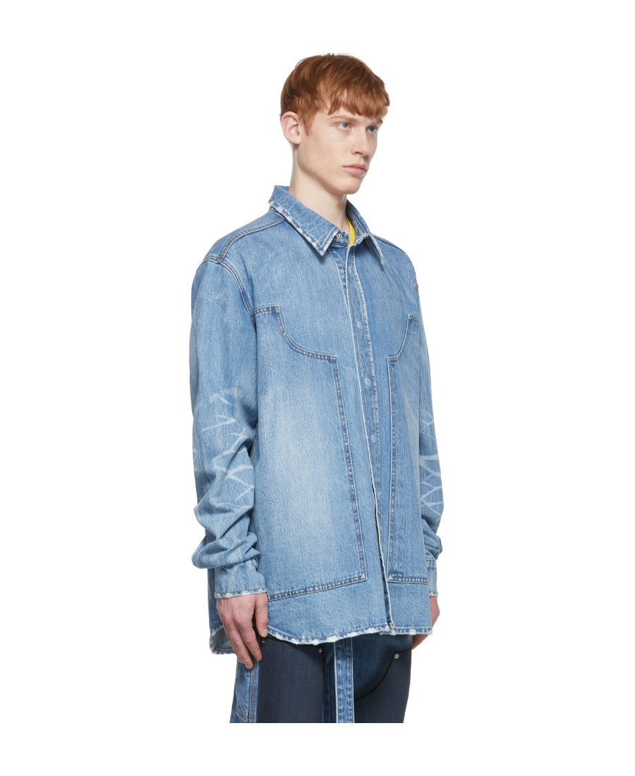 We11 Done Lapel Spliced Denim Shirt In Blue