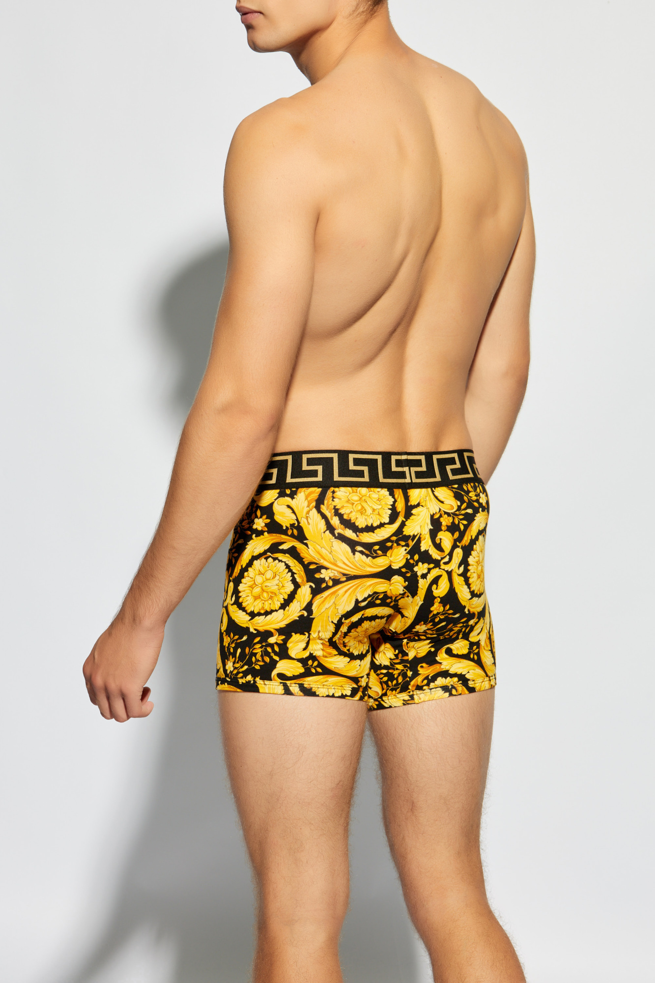 Versace Baroque Print Silk Loungewear Shorts In Yellow