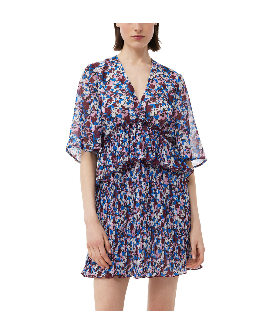 Ganni Pleated Mini Dress With Floral Motif In Multicolor