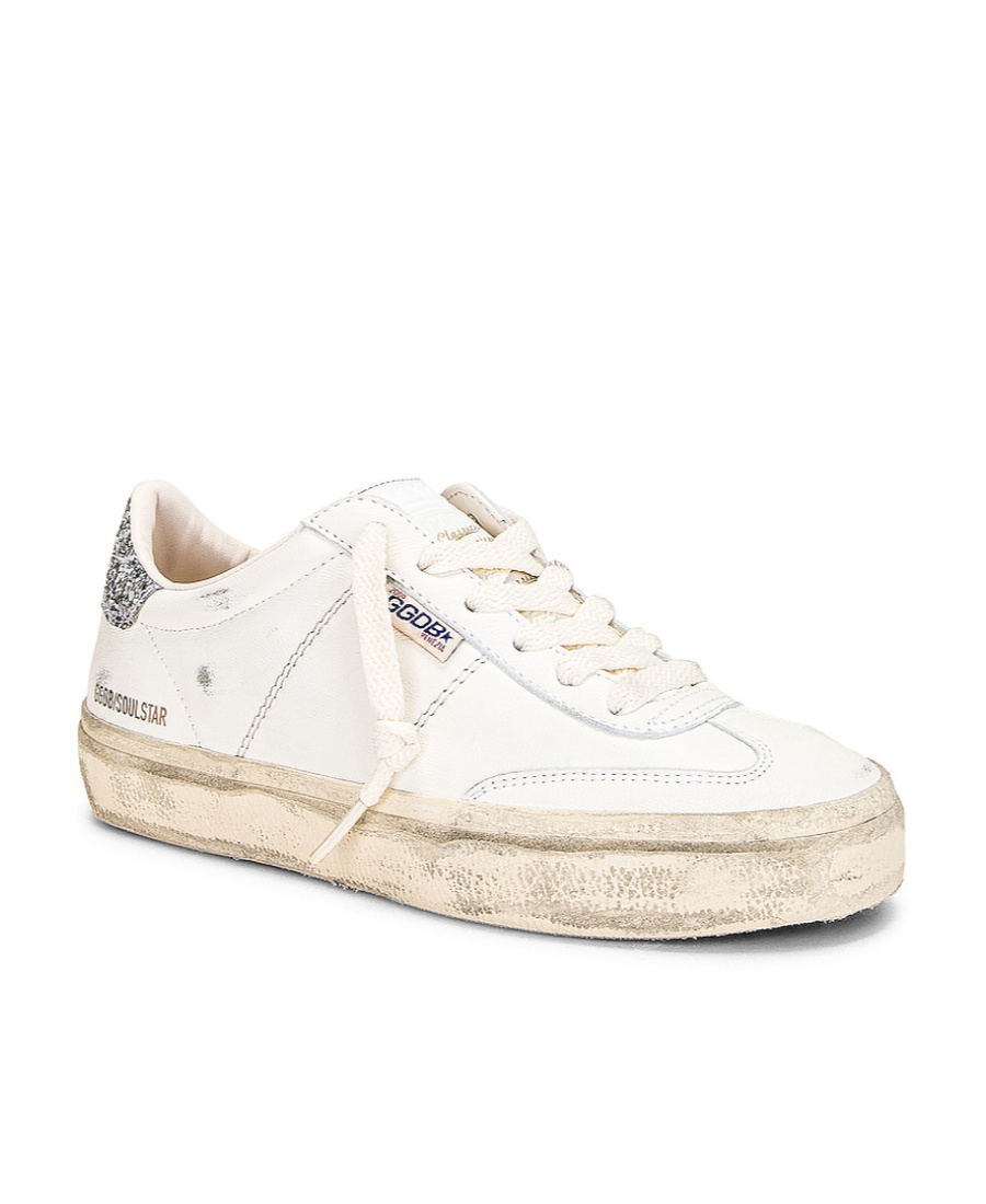 Golden Goose Soul Star Distressed Glittered Sneakers In White