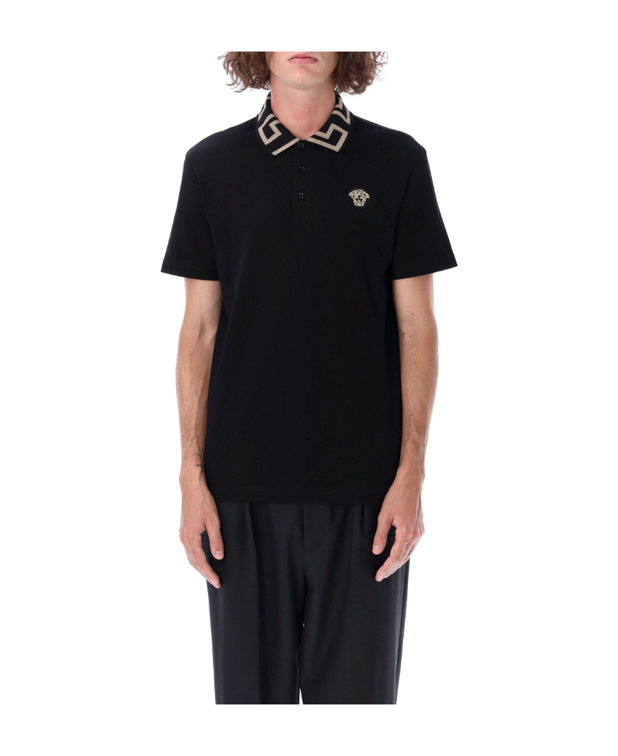 Shop Versace Greca Collar Polo Shirt In Black