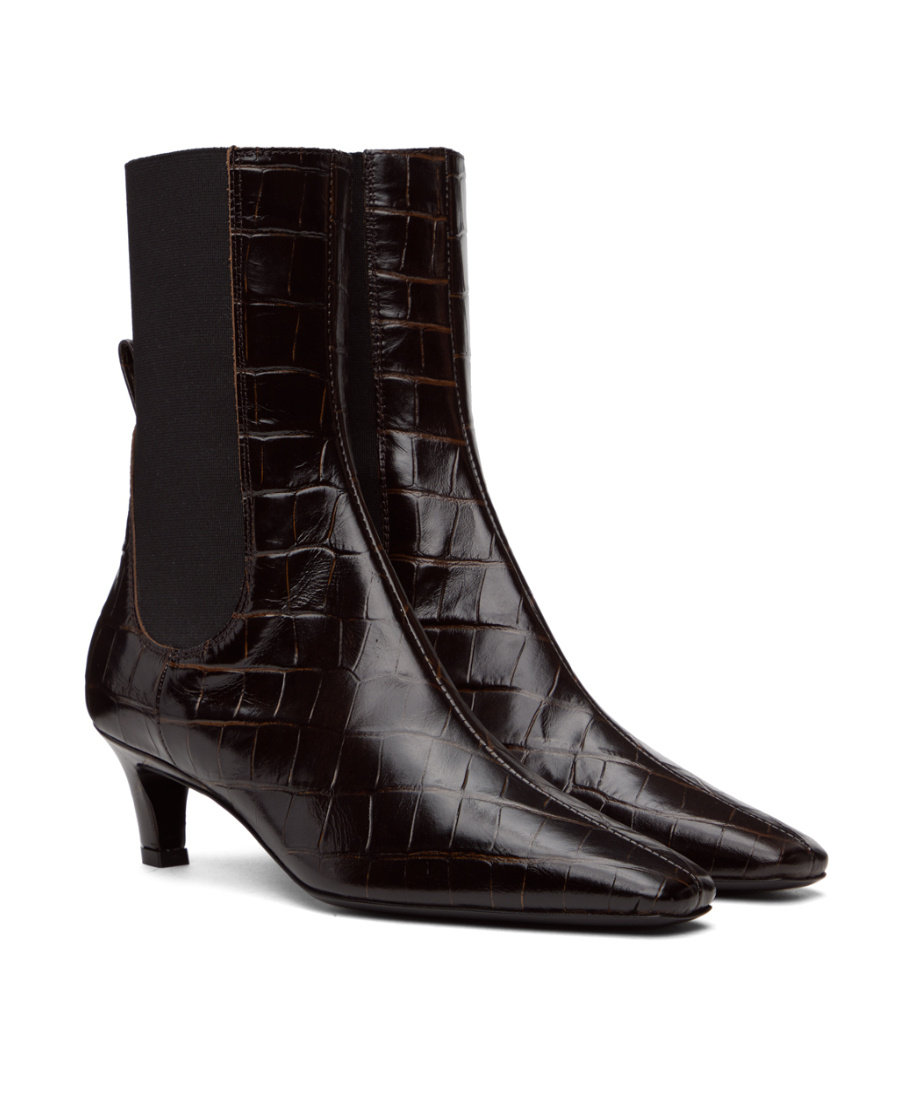 Totême Toteme Women The Mid Heel Boot Leather Boots With Croco Effect In Brown