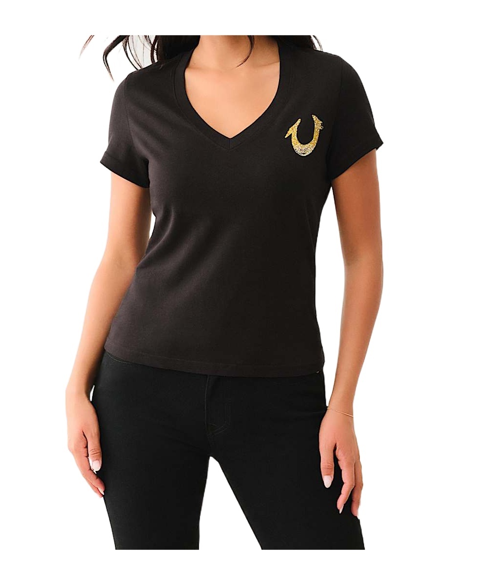 TRUE RELIGION CRYSTAL OMBRE HORSESHOE V NECK TEE 
