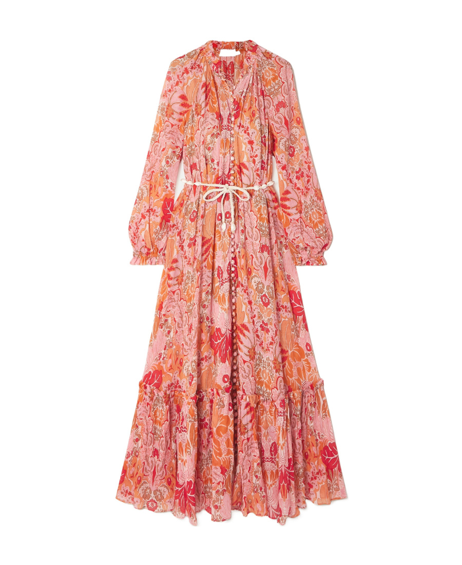 Zimmermann + Net Sustain Pattie Belted Floral-print Cotton And Silk-blend Crepon Maxi Dress In Pink