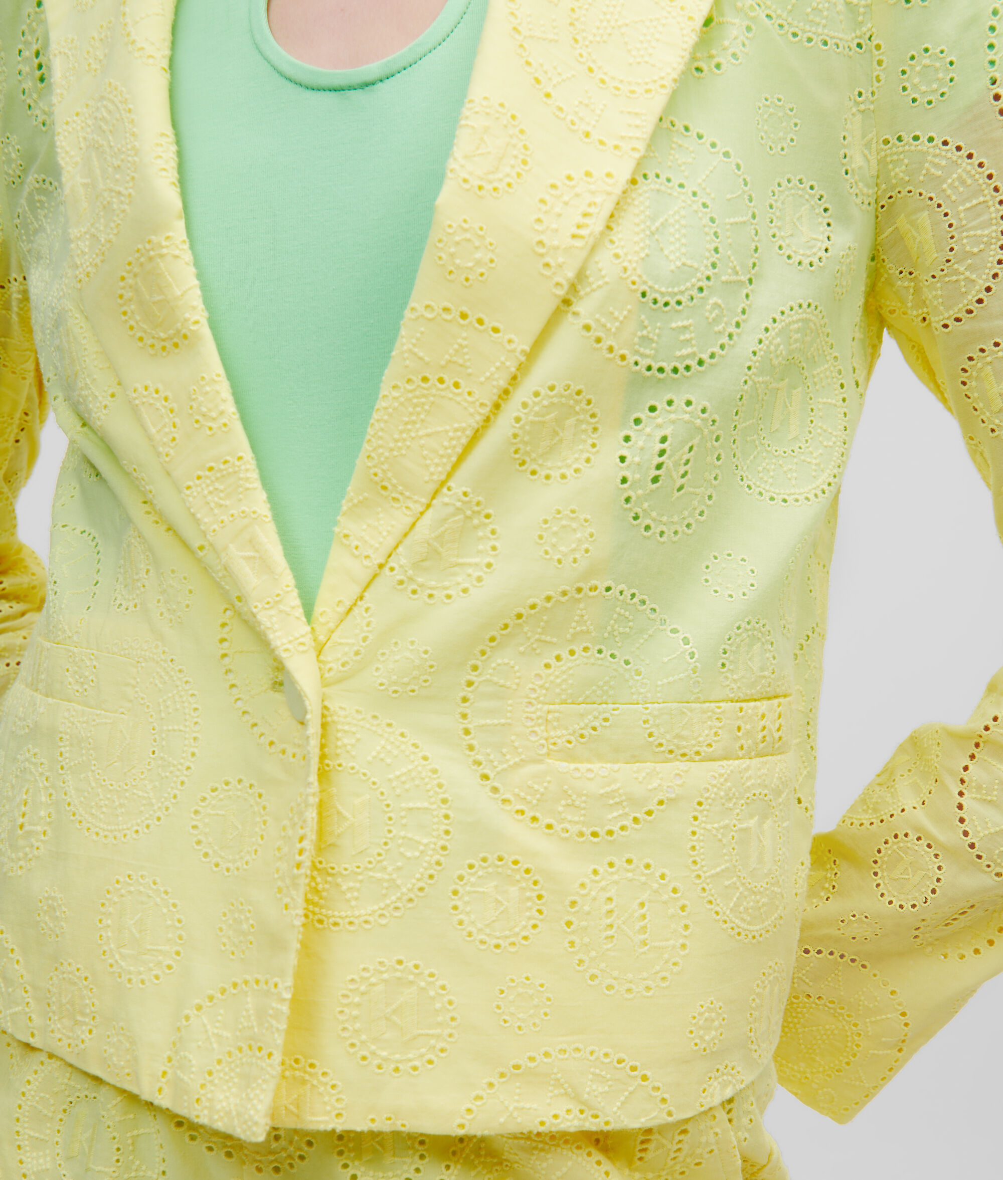 Shop Karl Lagerfeld Broderie-anglaise Cropped Cotton Blazer In Yellow