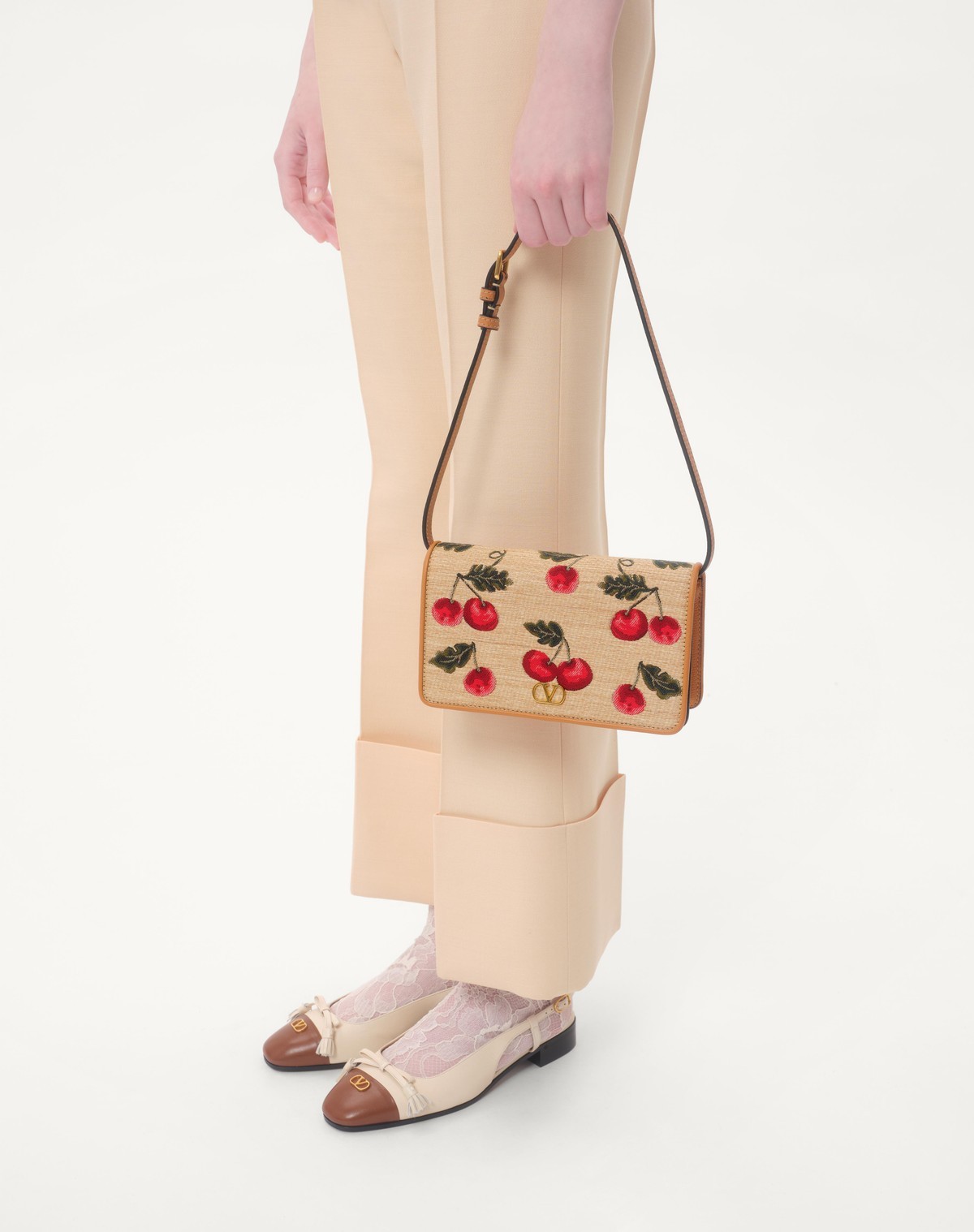 Shop Valentino Cherry-print Shoulder Bag In Natural/multicolor/natural Camel