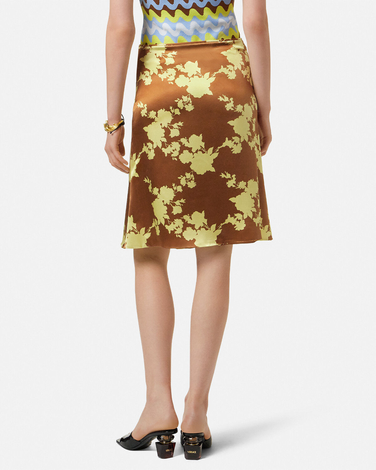 Shop Versace Wild Roses Satin Midi Skirt In Brown\yellow
