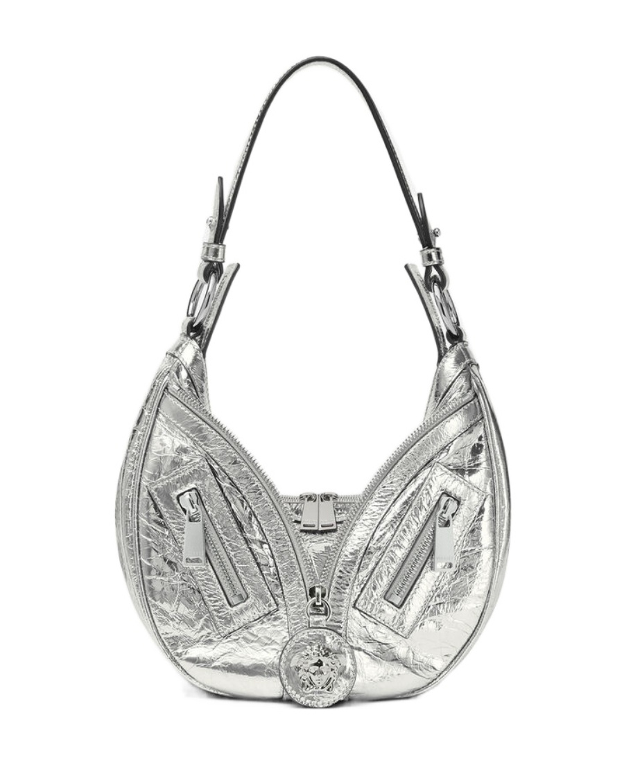 Versace Small Repeat Metallic Shoulder Bag In Gray